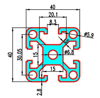 4040 T-Slot Extrusion 40 Series - 40 mm X 40 mm X 1,0 m - Bande centrale 15 mm - Noir