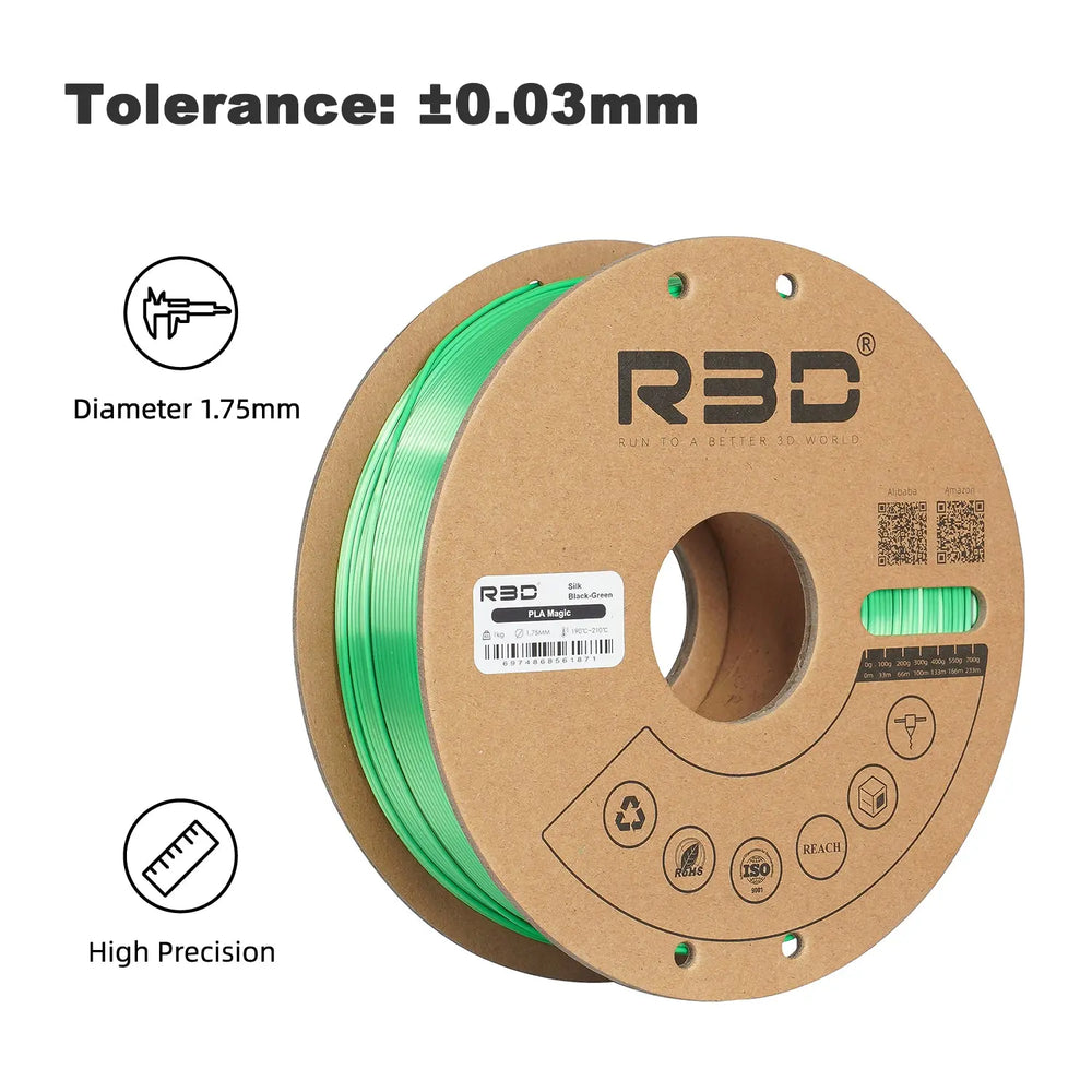 Black/Green- R3D Dual Colour Silk PLA Magic Filament - 1.75mm, 1kg R3D