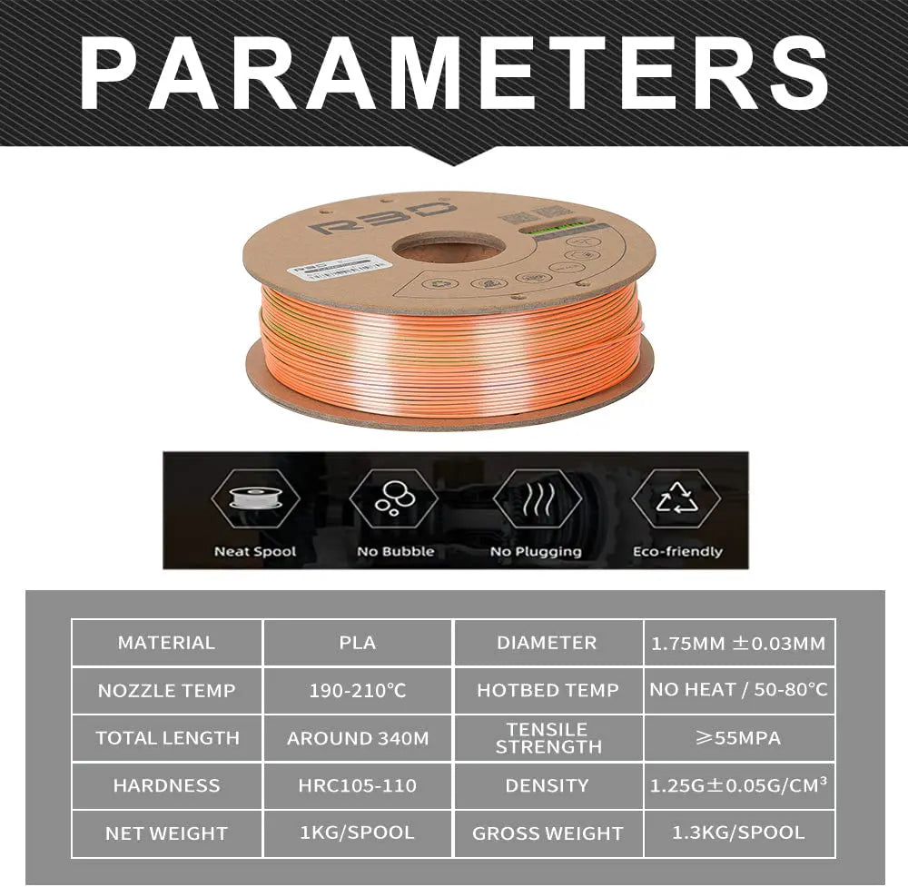 Blue/Green/Orange - R3D Tri Colour Silk Magic PLA Filament - 1.75mm, 1kg R3D