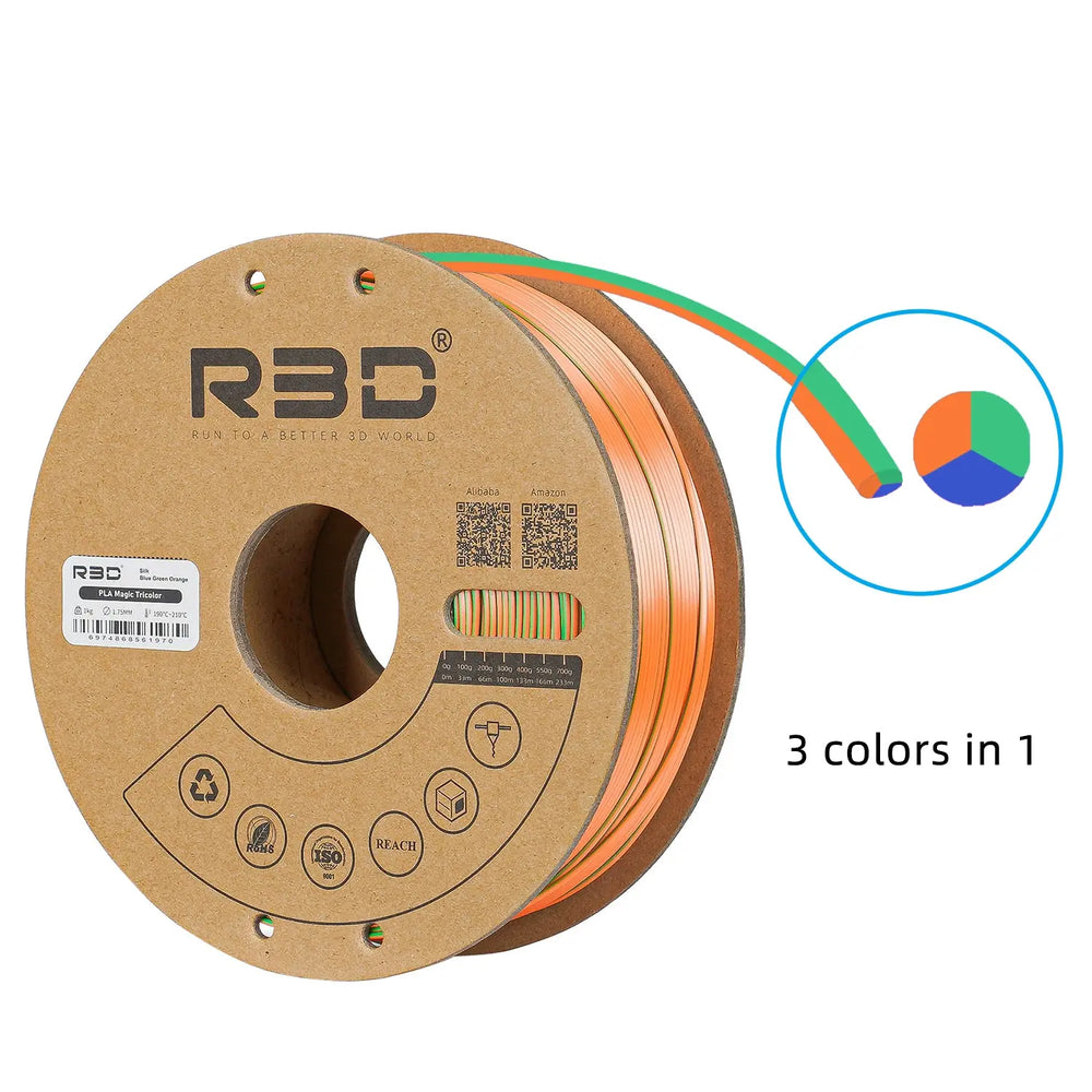 Blue/Green/Orange - R3D Tri Colour Silk Magic PLA Filament - 1.75mm, 1kg R3D