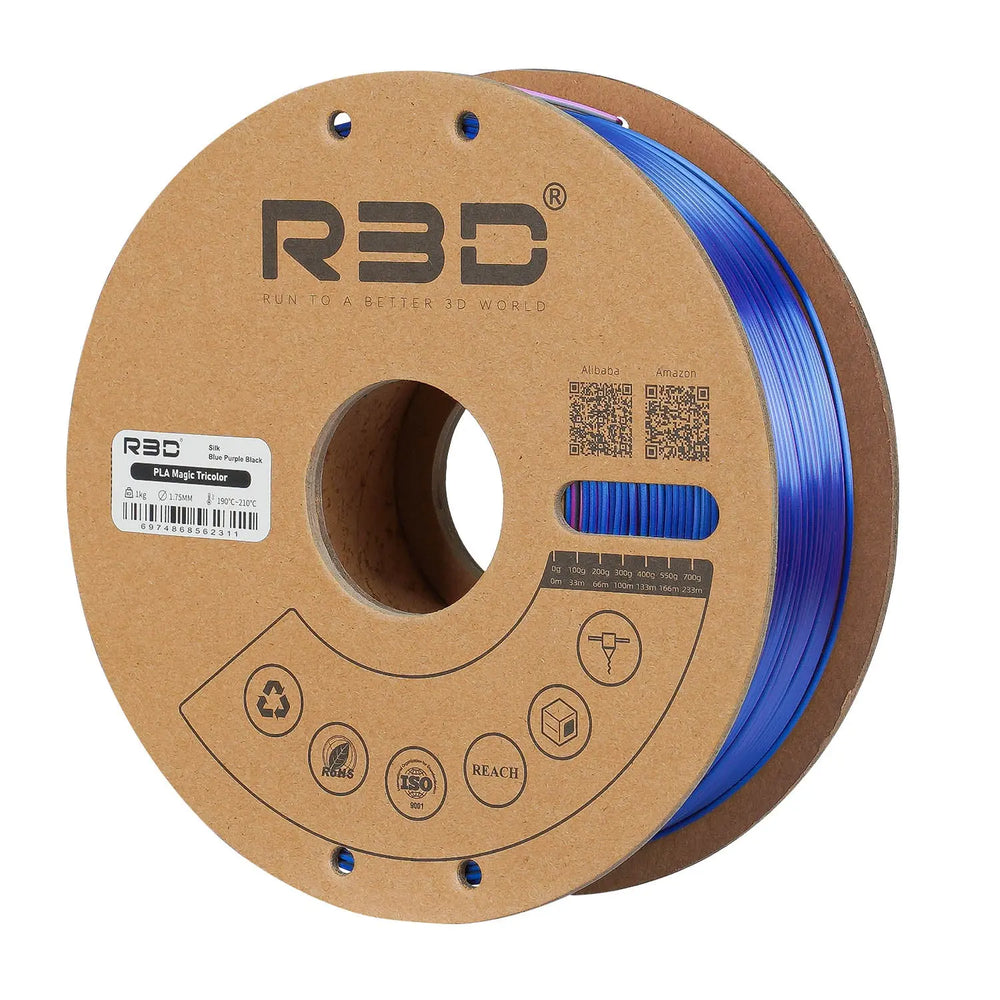 Blue/Purple/Black - R3D Tri Colour Magic Silk PLA Filament - 1.75mm, 1kg R3D