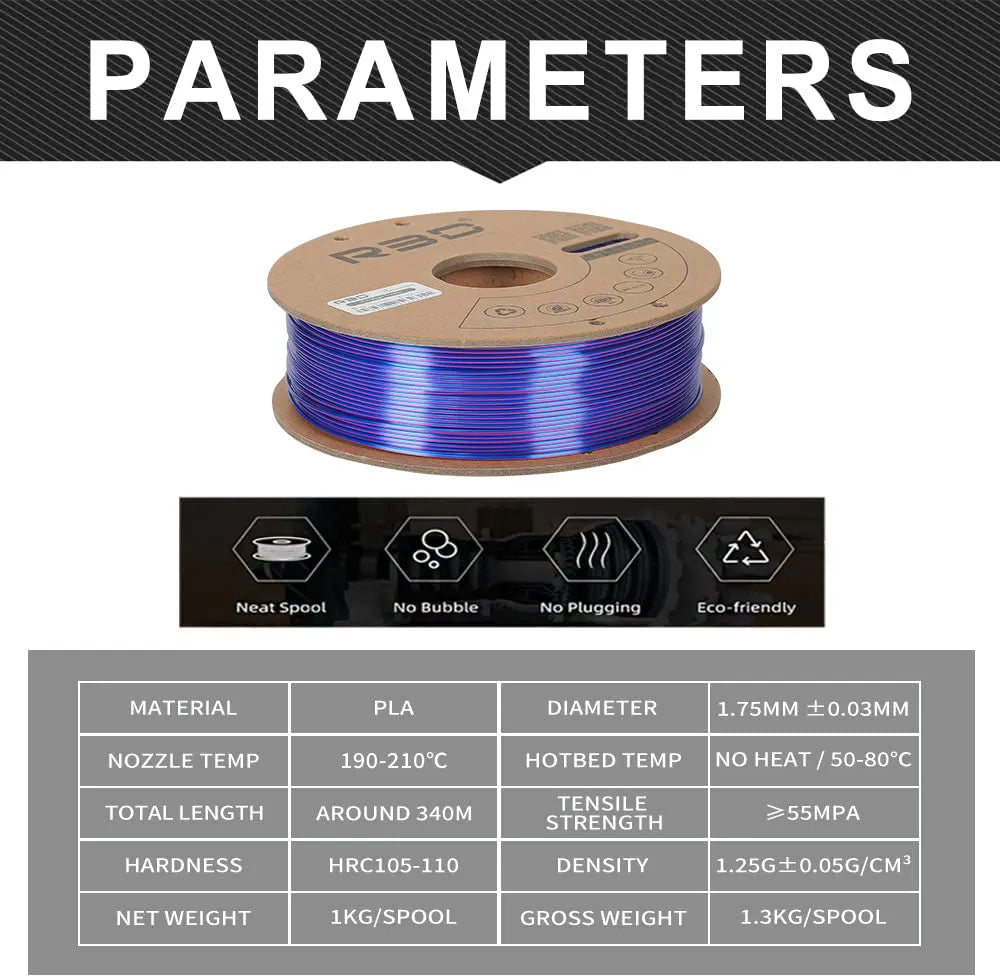 Blue/Purple/Black - R3D Tri Colour Magic Silk PLA Filament - 1.75mm, 1kg R3D