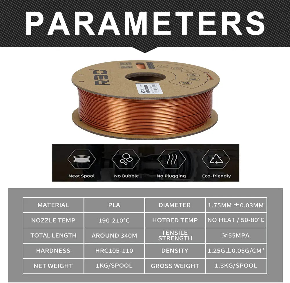 Copper - R3D Silk PLA Filament - 1.75mm, 1kg R3D