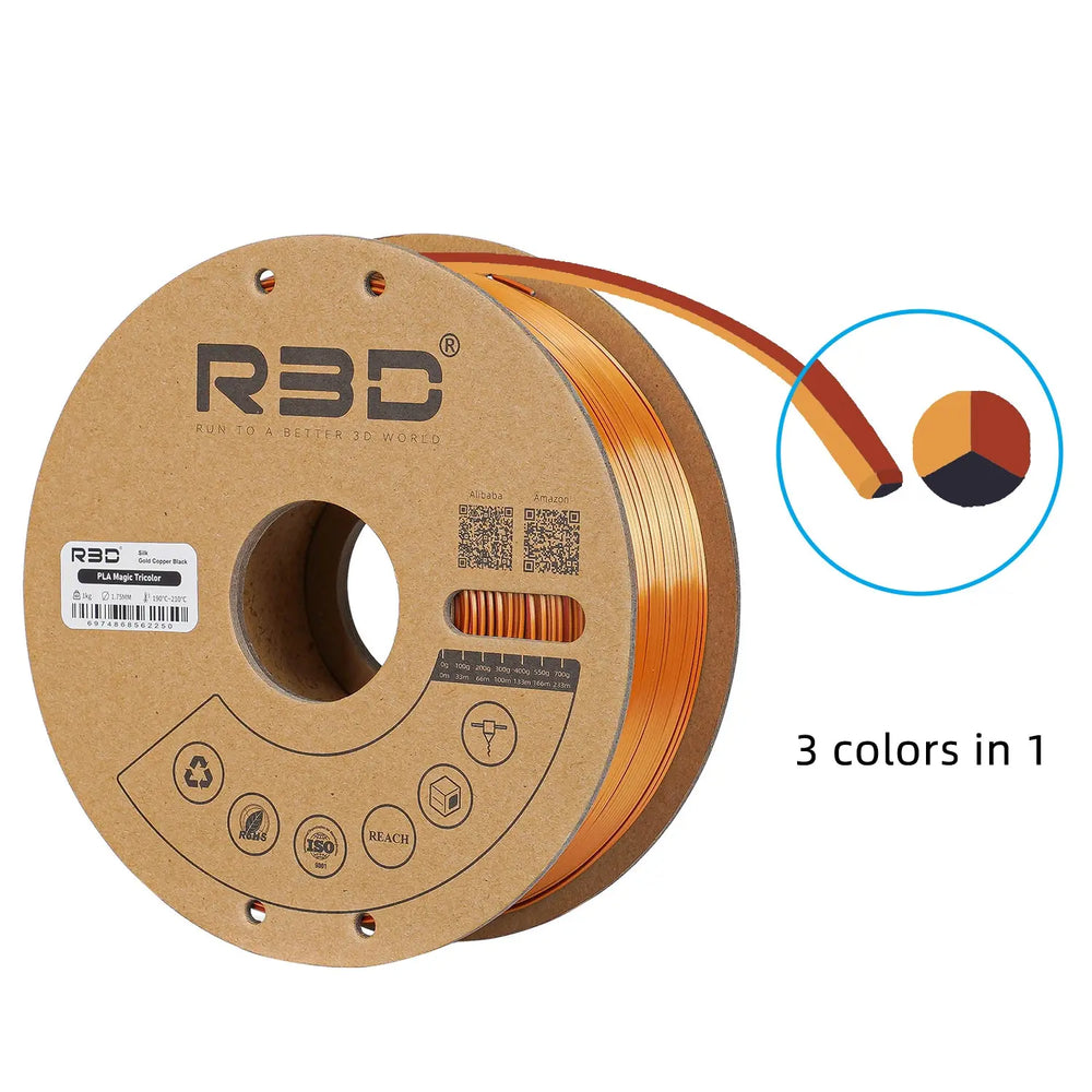 Gold/Copper/Black - R3D Tri Colour Magic Silk PLA Filament - 1.75mm, 1kg R3D