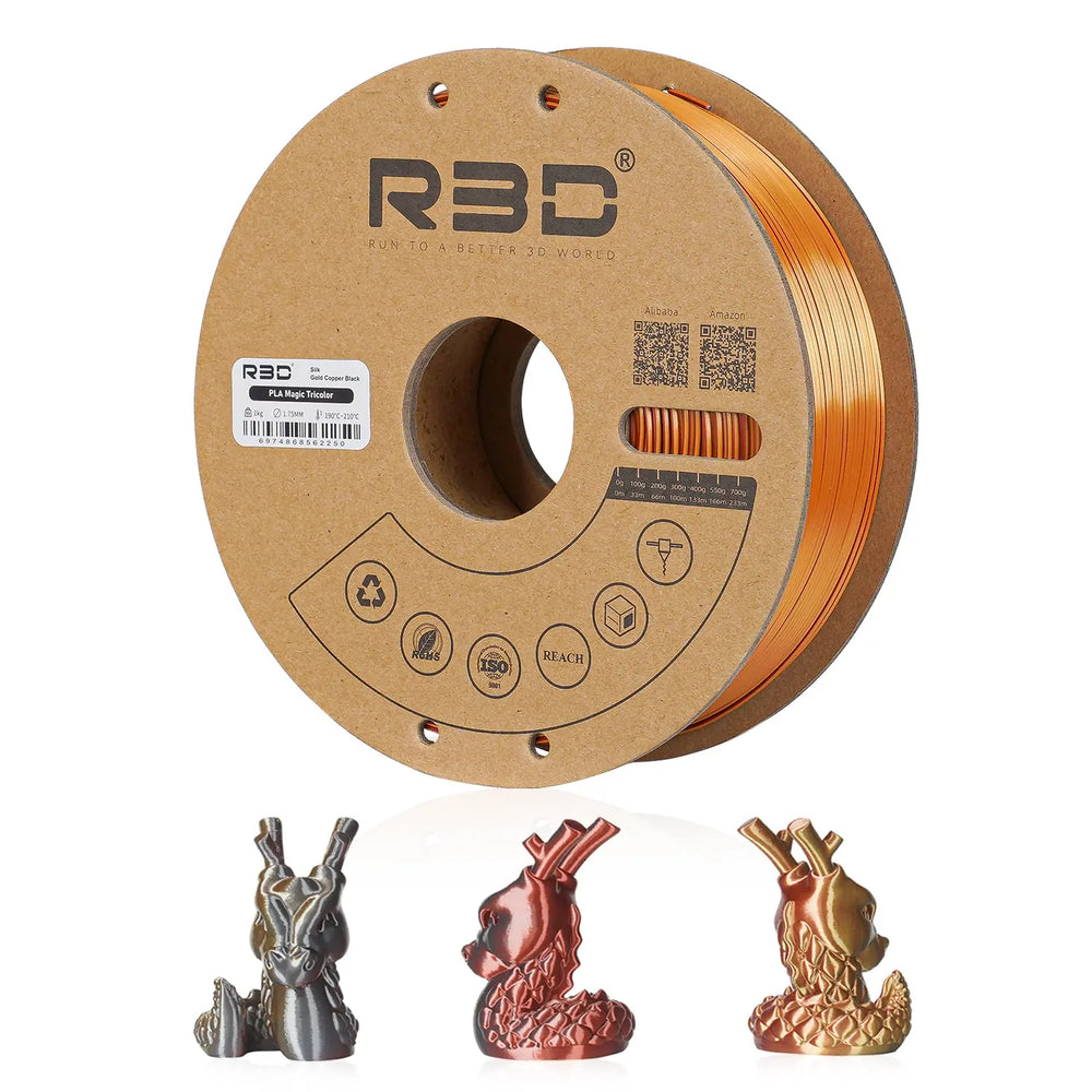 Gold/Copper/Black - R3D Tri Colour Magic Silk PLA Filament - 1.75mm, 1kg R3D