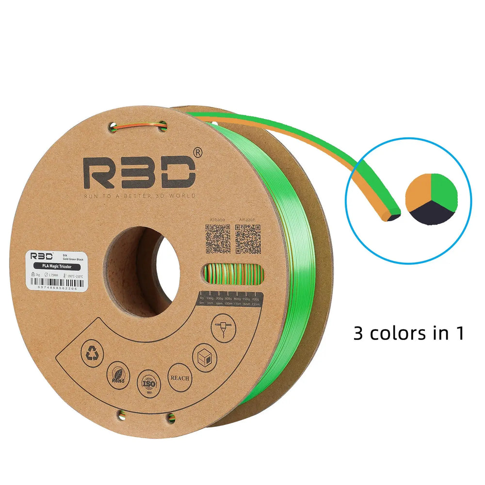 Gold/Green/Black - R3D Tri Colour Magic Silk PLA Filament - 1.75mm, 1kg R3D