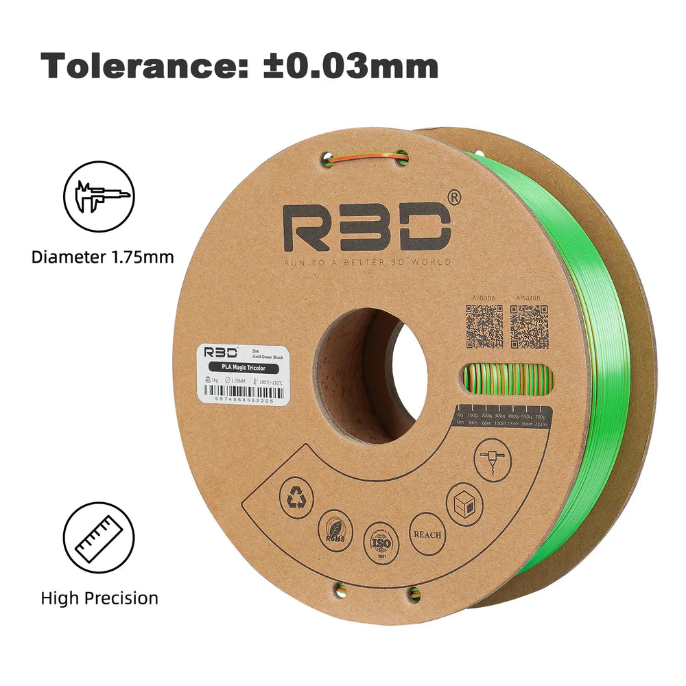Gold/Green/Black - R3D Tri Colour Magic Silk PLA Filament - 1.75mm, 1kg R3D