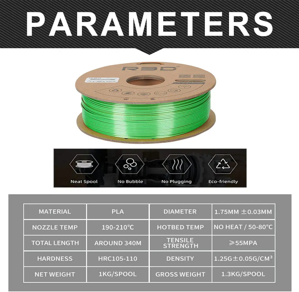 Gold/Green/Black - R3D Tri Colour Magic Silk PLA Filament - 1.75mm, 1kg R3D