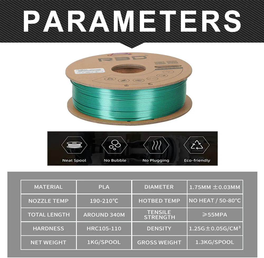 Green/Purple/Copper - R3D Tri Colour Magic Silk PLA Filament - 1.75mm, 1kg R3D