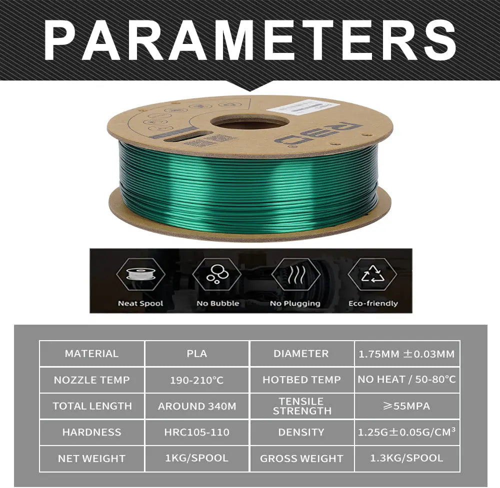 Green - R3D Silk PLA Filament - 1.75mm, 1kg R3D