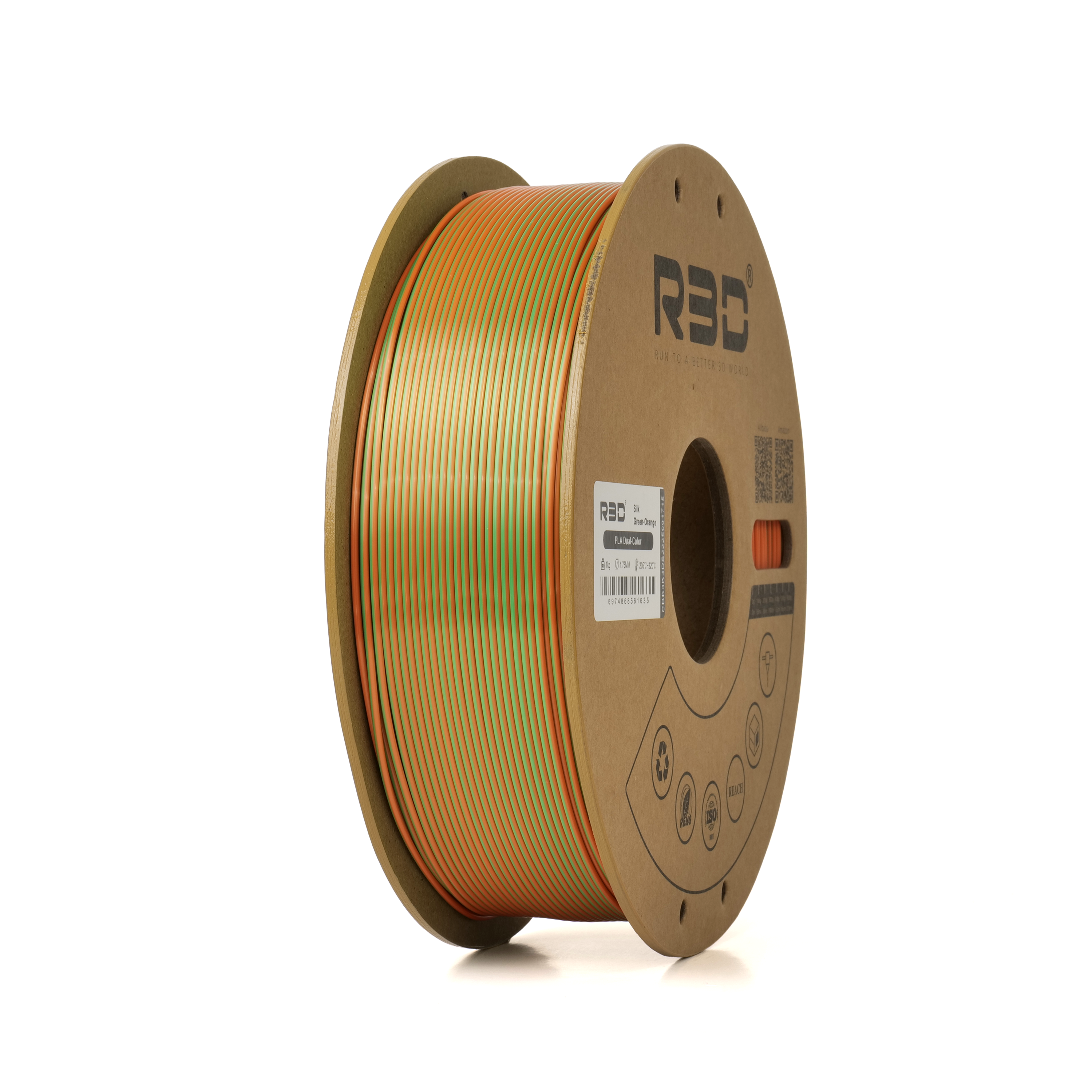 Green/Orange - R3D Dual Colour Silk PLA Magic Filament - 1.75mm, 1kg - 3D