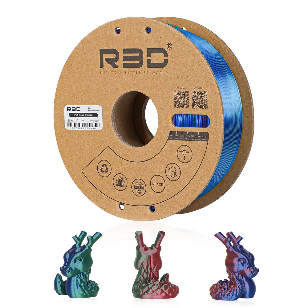 Red/Green/Blue - R3D Tri Colour Silk Magic PLA Filament - 1.75mm, 1kg R3D