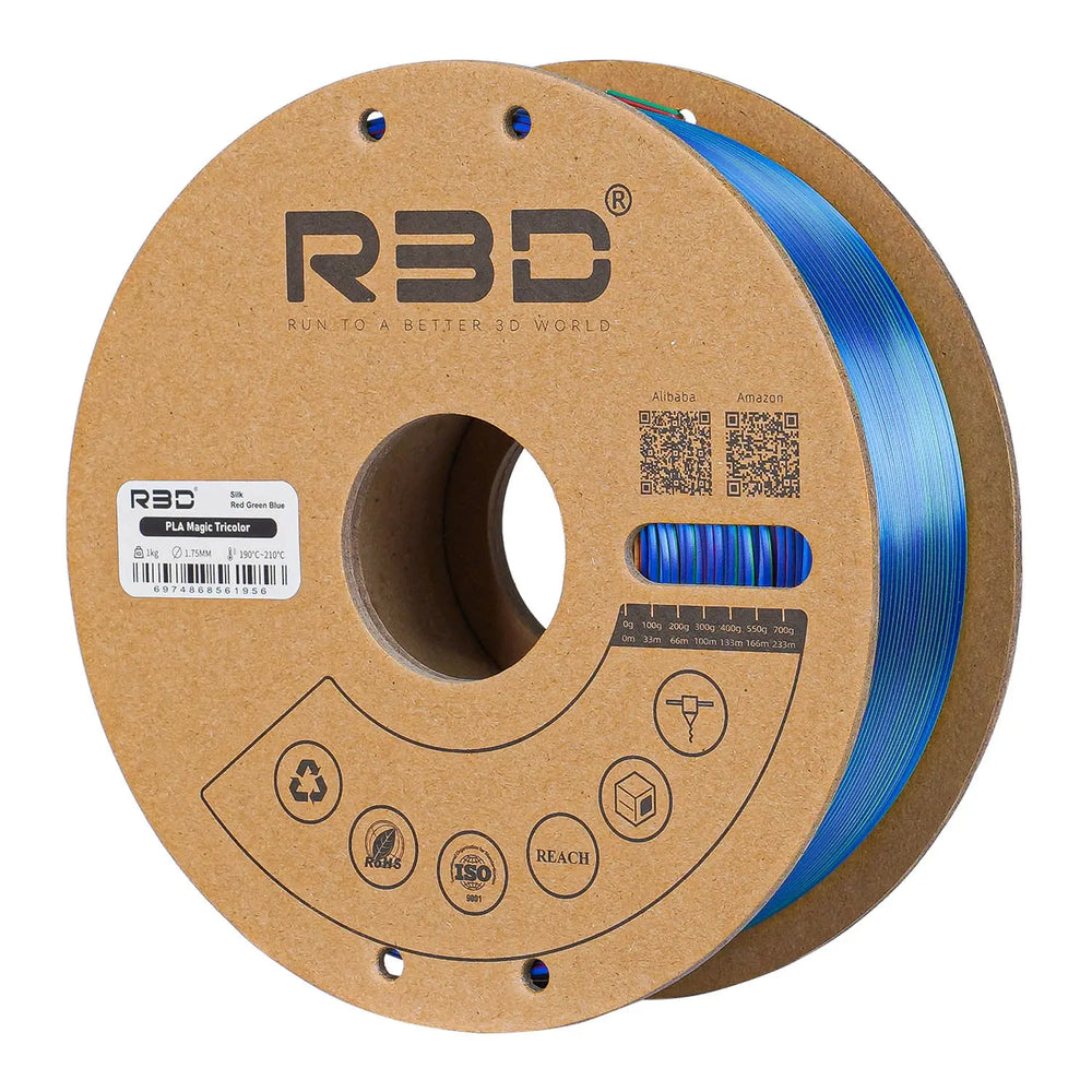 Red/Green/Blue - R3D Tri Colour Silk Magic PLA Filament - 1.75mm, 1kg R3D