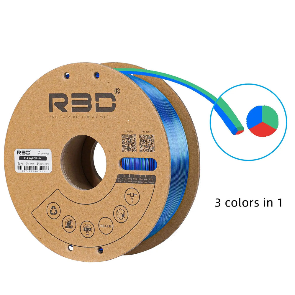 Red/Green/Blue - R3D Tri Colour Silk Magic PLA Filament - 1.75mm, 1kg R3D