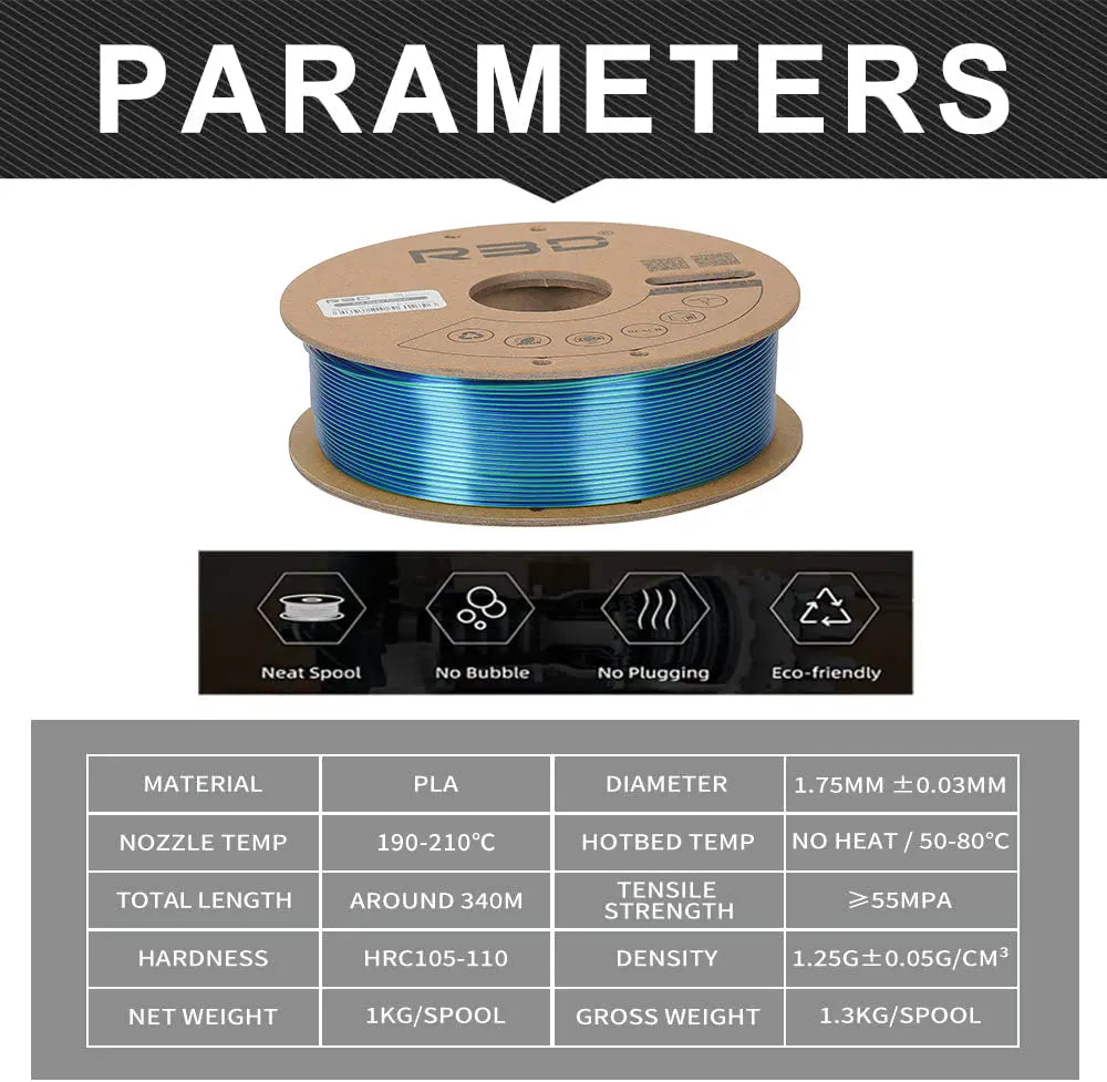Red/Green/Blue - R3D Tri Colour Silk Magic PLA Filament - 1.75mm, 1kg R3D