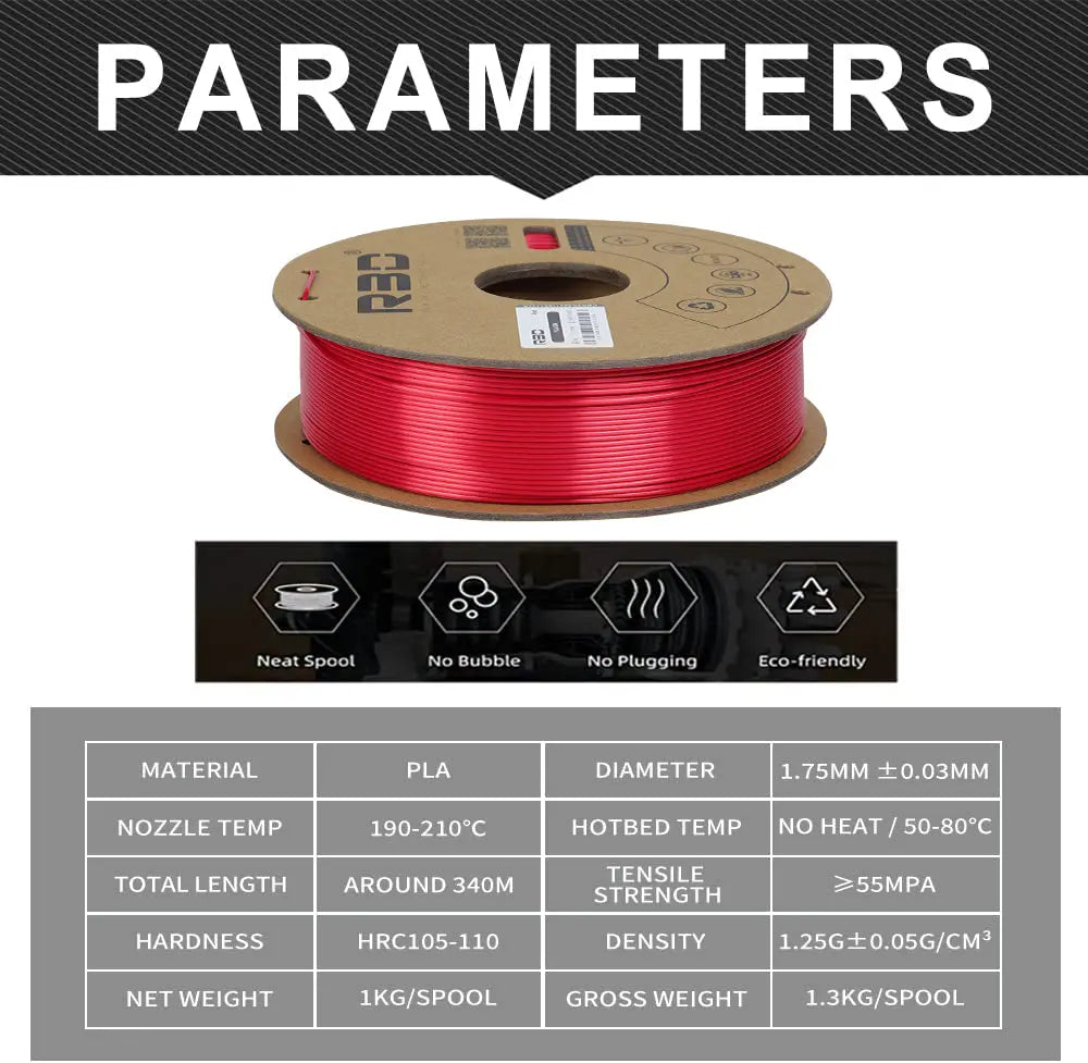 Red - R3D Silk PLA Filament - 1.75mm, 1kg R3D