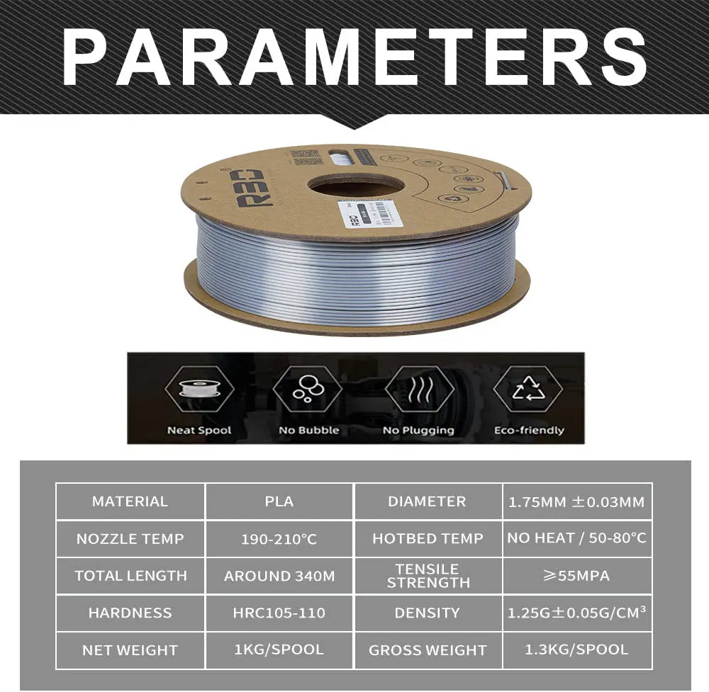 Silver - R3D Silk PLA Filament - 1.75mm, 1kg R3D