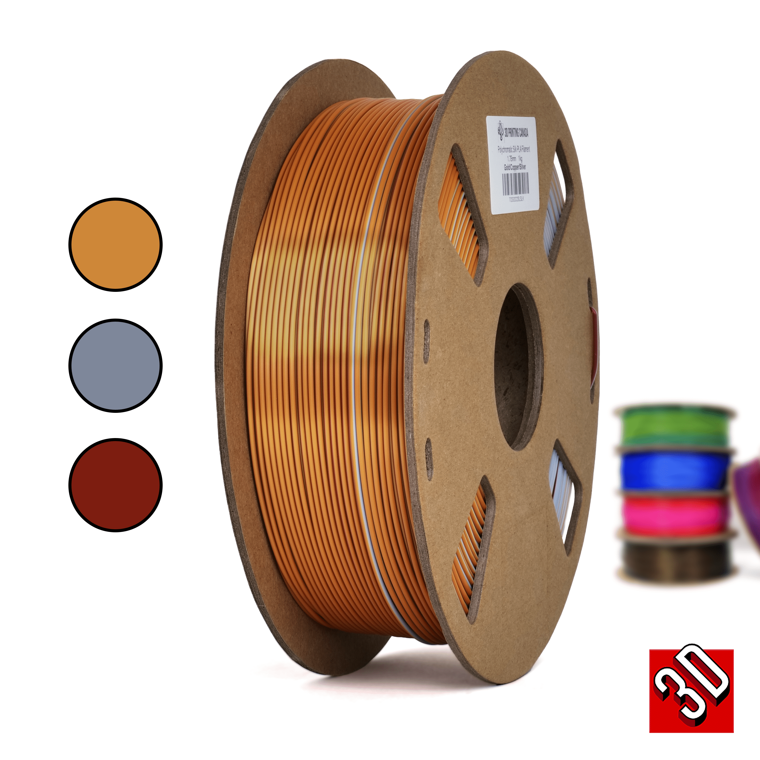 Or/Cuivre/Argent - Filament PLA Soie Tricolore Polychromatique - 1.75m – 3D  Printing Canada