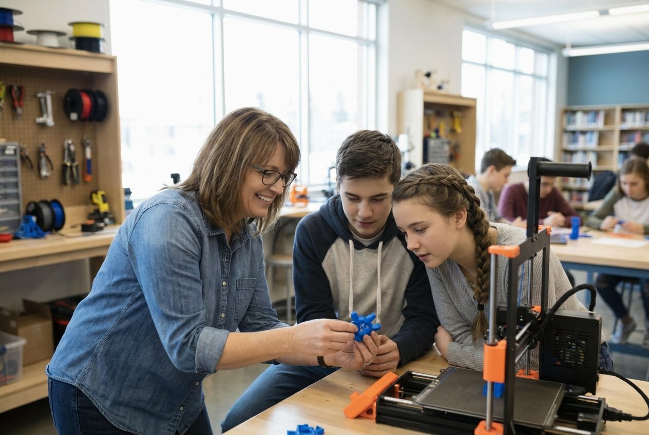 A Canadian STEM educator helping two students inspect a freshly printed part at a library makerspace